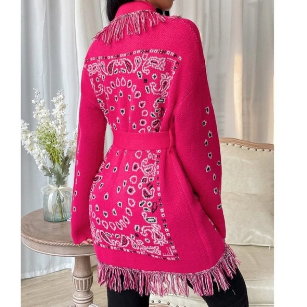 Fringe detailed Paisley belted Sweater Knit Cardigan Hot Pink - Picture 3 of 7